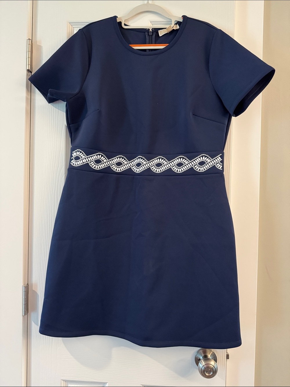 Michael Kors Navy Dress with White Beaded Waist, Knee Length